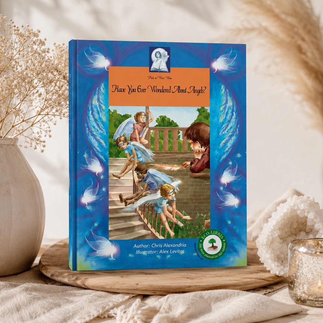 Children’s book titled Have You Ever Wondered About Angels? displayed upright on a wooden surface with soft neutral decor, warm candlelight, dried florals, and crystals creating a calm, comforting atmosphere.