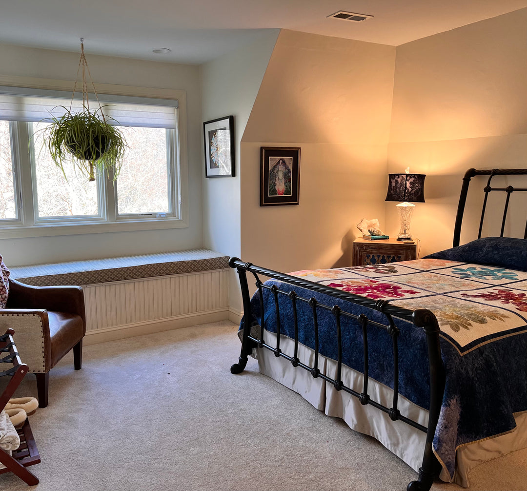 Private ensuite bedroom with organic sheets for a private weekend retreat in Virginia